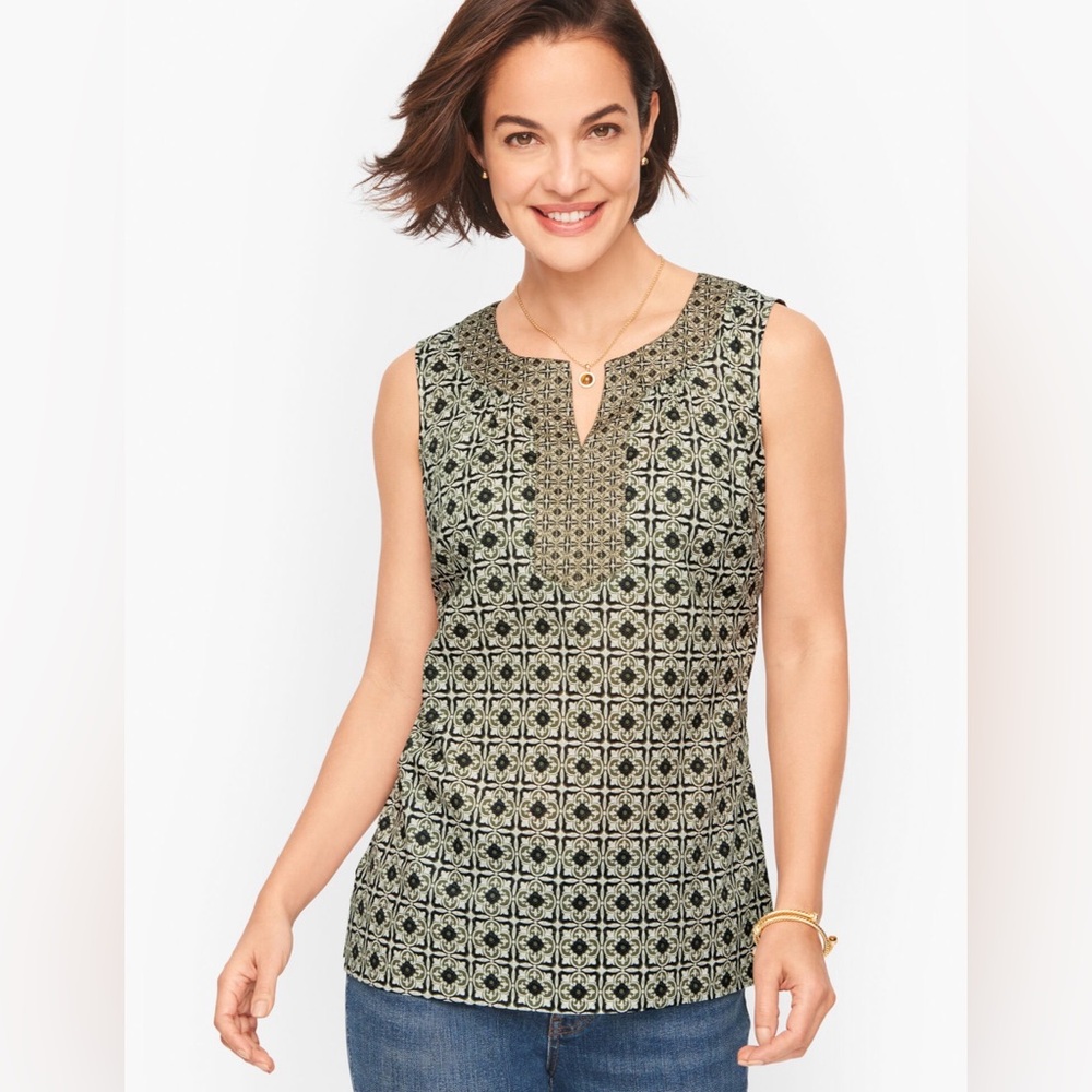 Talbots Geometric Print Sleeveless Blouse - Black and Green